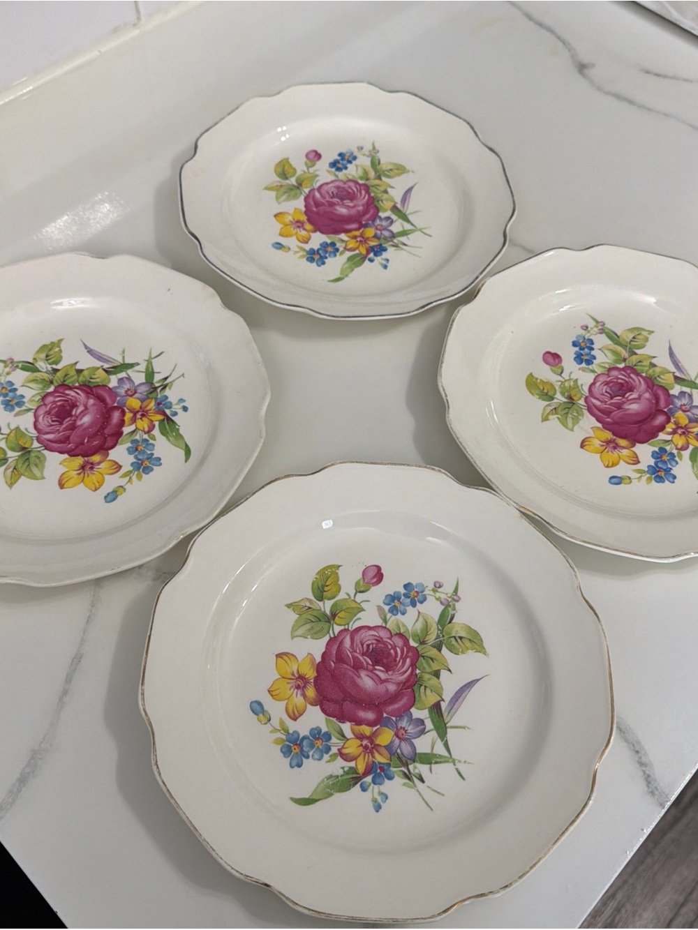 White Floral Dessert Plates with Pink Rose Motif